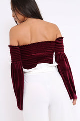 Purple Velvet Bardot Shirred Crop Top with Flared Sleeves - Shera