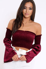 Purple Velvet Bardot Shirred Crop Top with Flared Sleeves - Shera