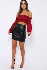 Wine Bardot Shirred Crop Top with Flared Sleeves - Shera