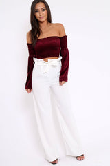 Purple Velvet Bardot Shirred Crop Top with Flared Sleeves - Shera