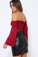 Wine Bardot Shirred Crop Top with Flared Sleeves - Shera