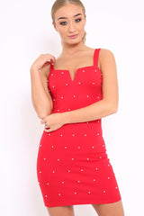Red V Cut Pearl Bodycon Mini Dress - Sherrie