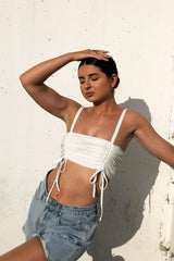 White Slinky Ruched Detail Crop Top - Bellah