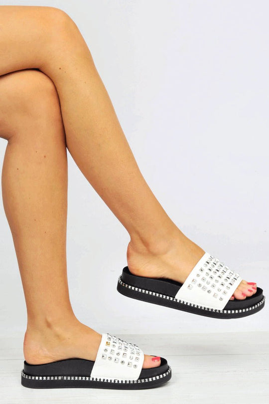 White Studded Flatform Sandals - Shira