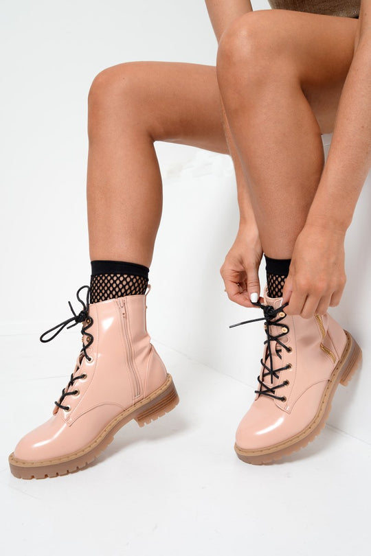Pink Patent Lace Up Zip Ankle Boots -shiri