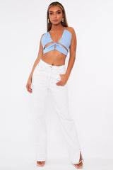 Shirred Detailing Blue Cut Out Crop Top - Lanai