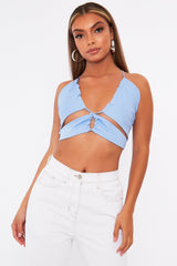 Shirred Detailing Blue Cut Out Crop Top - Lanai