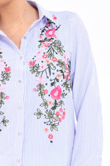 Blue Striped Floral Embroidered Shirt - Gianna