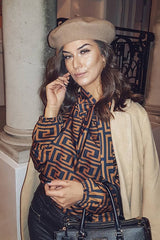 Brown Aztec Print Satin Long Sleeve Bow Shirt - Abrah