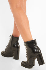 Black Patent Lace Up Heeled Boots - Jalea