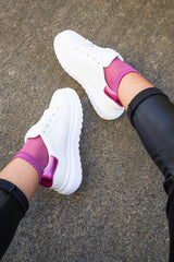 White/Pink Cleated Lace Up Trainers - Halia