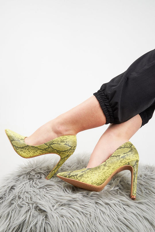 Yellow Snake Print Pointed Toe Heels - Becky