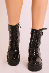 Black Patent Lace Up Heeled Boots - Faelyn