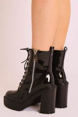 Black Patent Lace Up Heeled Boots - Faelyn