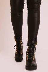 Black PU Gold Detail Heeled Military Boot - Abela