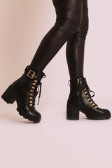 Black PU Gold Detail Heeled Military Boot - Abela