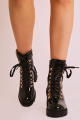 Black Patent Gold Detail Heeled Military Boot - Abela