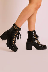 Black Patent Gold Detail Heeled Military Boot - Abela