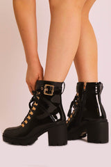 Black Patent Gold Detail Heeled Military Boot - Abela