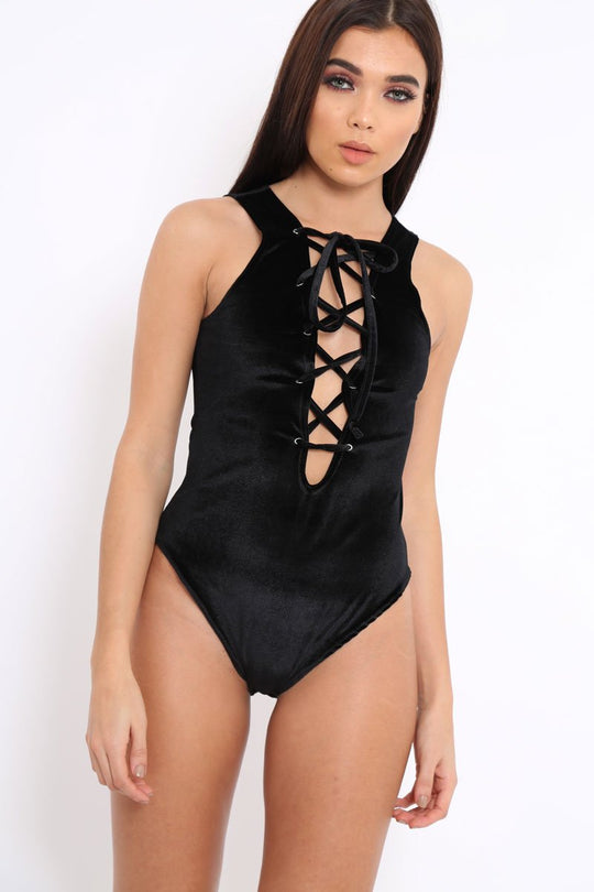 Black Velvet Lace Front Bodysuit - Shona