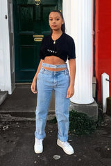 Blue Wash Denim Double Waist Mom Jeans - Dawn