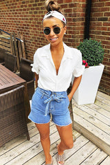 Light Wash Denim Paper Bag Mom Shorts - Iqra