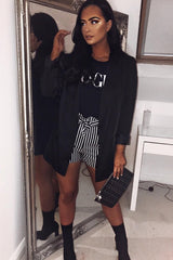 Black and White Striped Matte PU Paper Bag Shorts - Genia