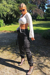 Black Satin Utility Pocket Cuffed Hem Trousers - Delilah