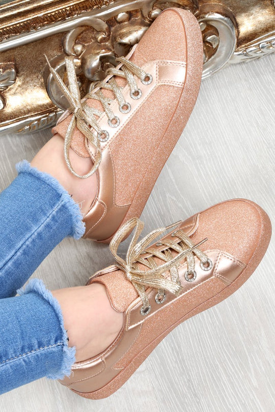 Rose Gold Lace Up Glitter Trainers - Siarra