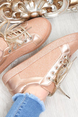 Rose Gold Lace Up Glitter Trainers - Siarra