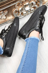 Black Lace Up Glitter Trainers - Siarra