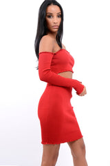 Red Ribbed Knitted Co-ord with Frill Hems - Sicilie