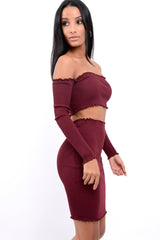 Wine Ribbed Knitted Co-ord with Frill Hems - Sicilie