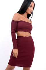 Wine Ribbed Knitted Co-ord with Frill Hems - Sicilie