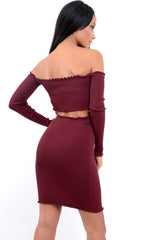 Wine Ribbed Knitted Co-ord with Frill Hems - Sicilie