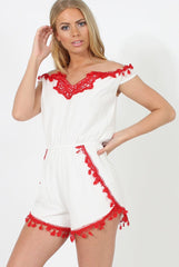 White & Red Crochet V Front Playsuit - Florence