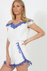 White & Blue Crochet V Front Playsuit - Florence