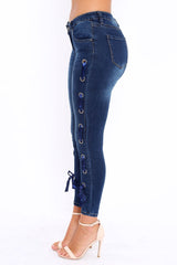 Blue Eyelet Lace Detail Skinny Jeans - Isobel