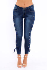 Blue Eyelet Lace Detail Skinny Jeans - Isobel