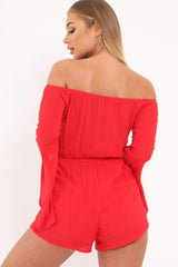 Red Bardot Embroidered Playsuit - Siena