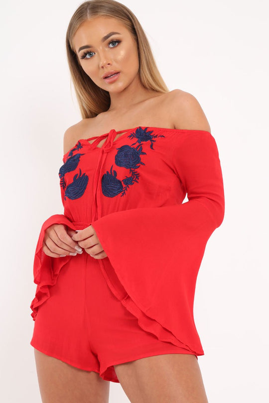 Red Bardot Embroidered Playsuit - Siena