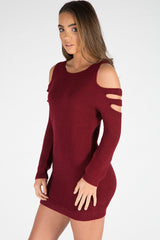 Wine Knitted Cold Shoulder Cut Out Jumper Dress - Sienna