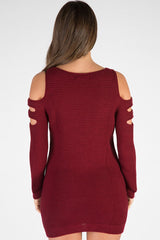Wine Knitted Cold Shoulder Cut Out Jumper Dress - Sienna