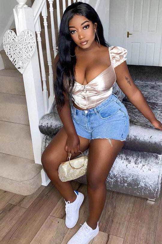 Light Blue Wash Denim Raw Edge Shorts - Fredda