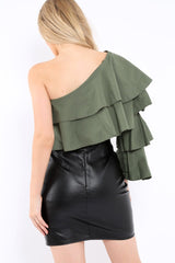 Khaki Ruffle One Sleeve Top - Sierra