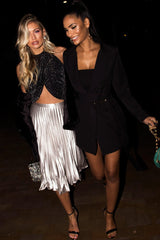 Silver Satin Pleated Midi Skirt - Kelyn