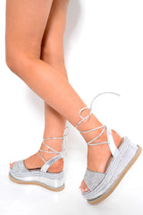 Silver Diamante Lace Up Flatform Sandals - Abryella