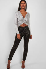 Silver Metallic Long Sleeved Plunge Crop Top - Eevie