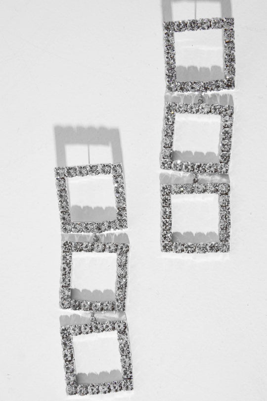 Silver Square Drop Diamante Embellished Earrings - Euna