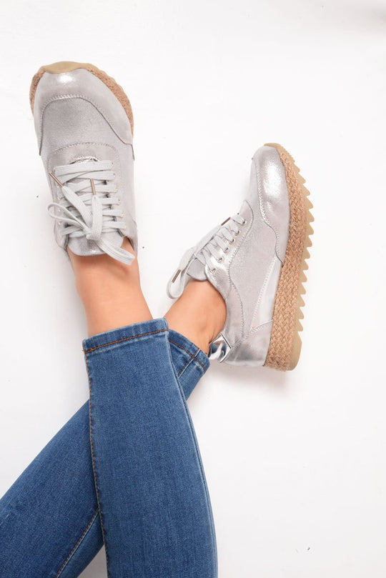 Silver Metallic Lace Up Chunky Espadrille Trainers - Emmarie